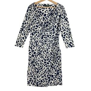 Ralph Lauren Faux Wrap Dress Blue White Floral Stretch Rushed Size 12 3/4 Sleeve